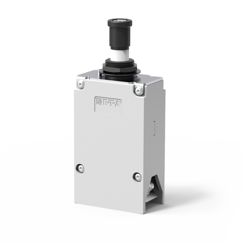 Typ 4140 von E-T-A: Einpoliger, thermischer Schutzschalter mit Gewindehalsbefestigung und Druck/Zug-Betätigung.