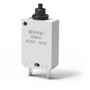 Typ 157 von E-T-A: Einpoliger, thermischer Schutzschalter mit verschiedenen Befesti­gungs­­arten.