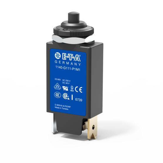 Typ 1140-G von E-T-A: Einpoliger, thermischer Schutzschalter in Kleinbauweise mit zuverlässigem Schaltverhalten.