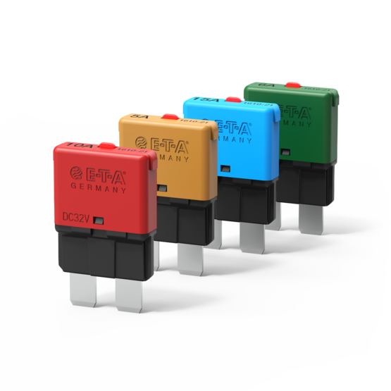 Typ 1610-21 von E-T-A: Einpoliger, thermischer Kfz-Sicherungsautomat in sehr schmaler Bauform.