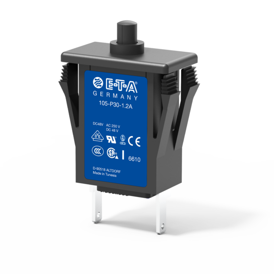 Typ 105 von E-T-A: Einpoliger, thermischer Schutzschalter in Kleinbauweise, wahlweise mit Handauslöser. 