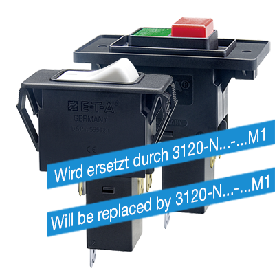 Typ 3120-F...-...M1... von E-T-A: Kombination von Schutzschalter und EIN/AUS-Schalter mit Schaltwippe oder Druckknopf.